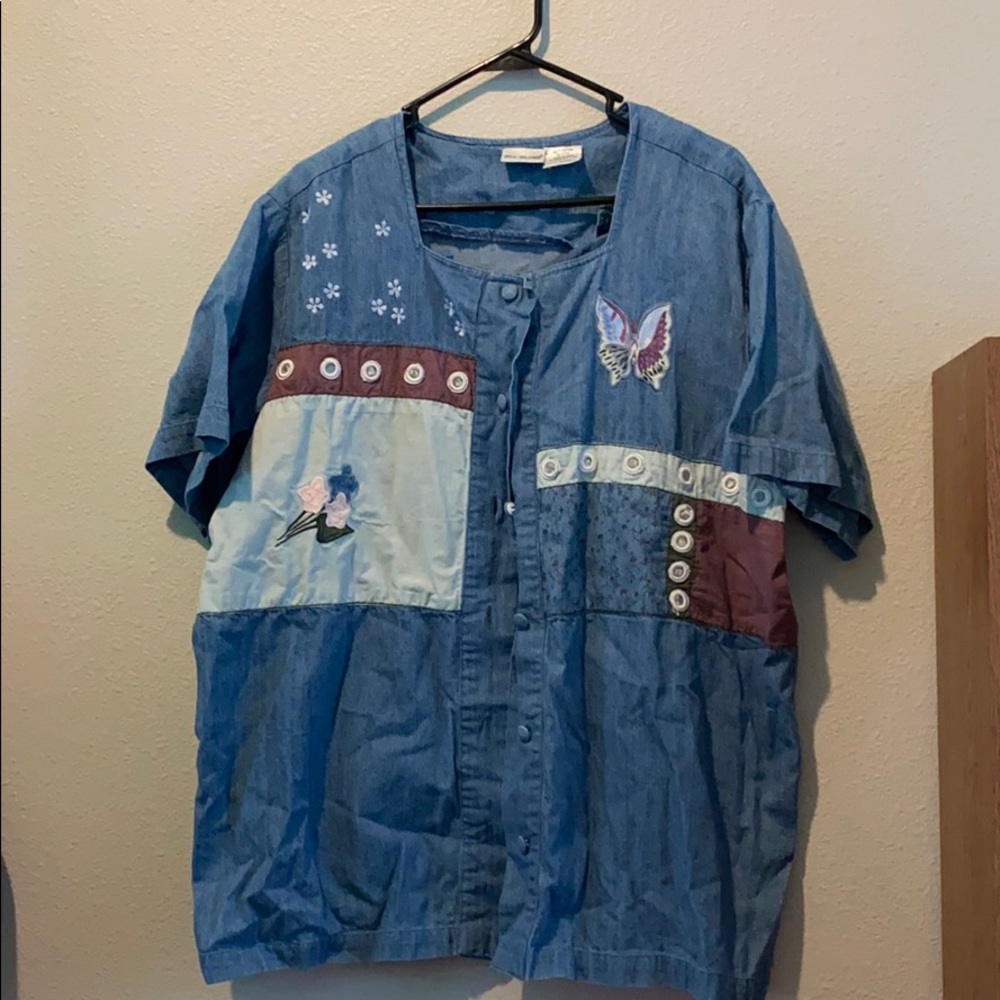 Faux denim button down embroidered designs